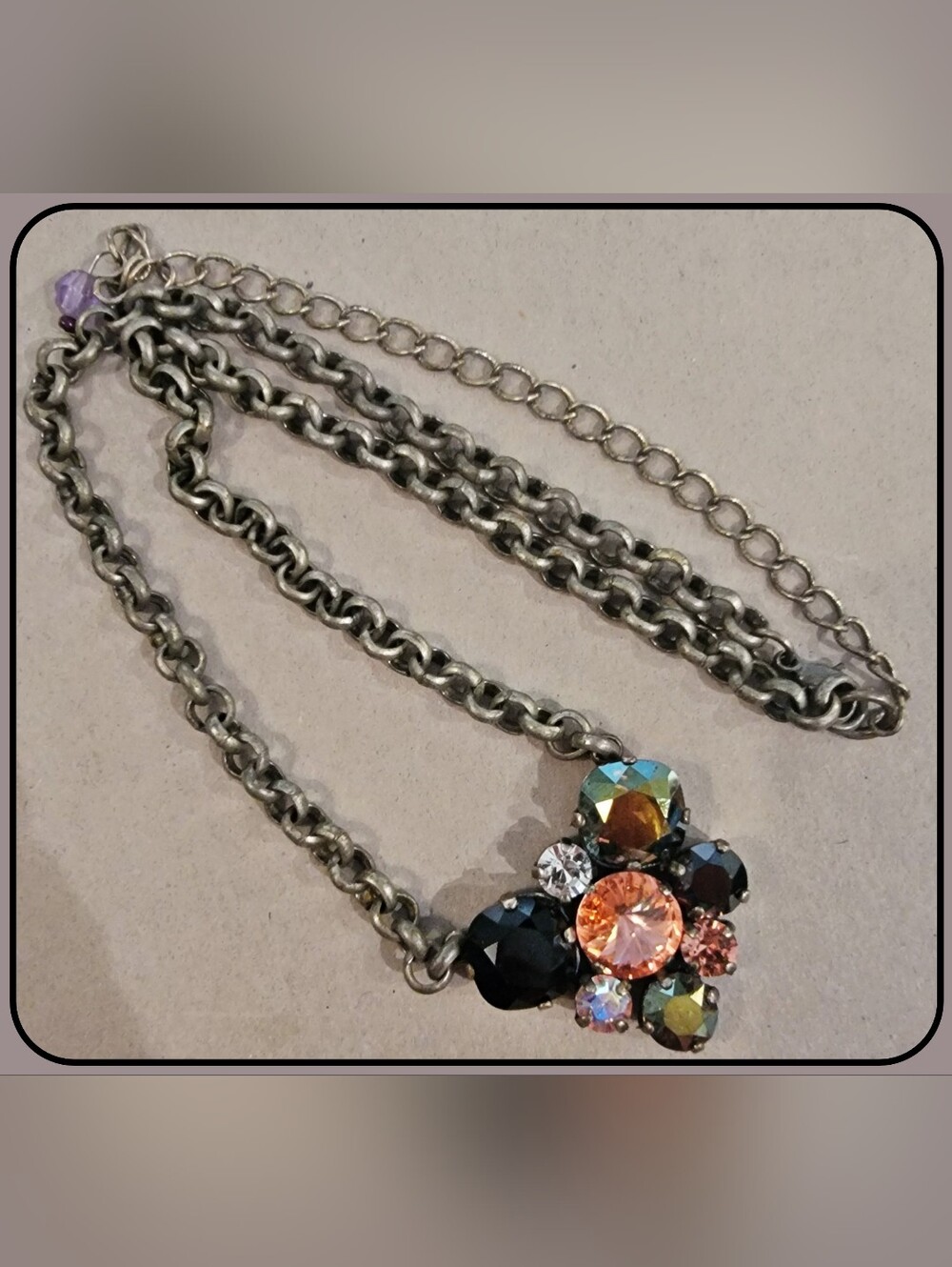 Sabika-like Crystal Cluster Flower Pendant Necklace Antiq Silver Chunky Chain